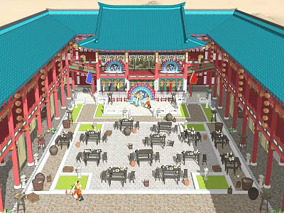 Ancient Chinese Architecture Courtyard Design With Blue Roof Red Pillars And Wooden Tables 3d model