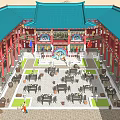 Ancient Chinese Architecture Courtyard Design With Blue Roof Red Pillars And Wooden Tables