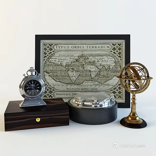 Vintage Decorative Ornament Set with World Map Print Silver Chronograph Brass Globe and Wooden Base 3d model 