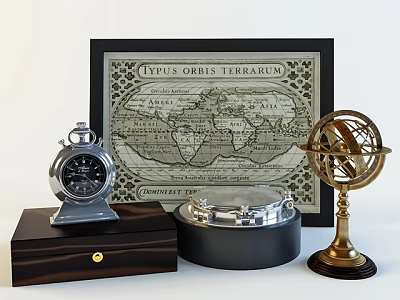 Vintage Decorative Ornament Set with World Map Print Silver Chronograph Brass Globe and Wooden Base 3d model