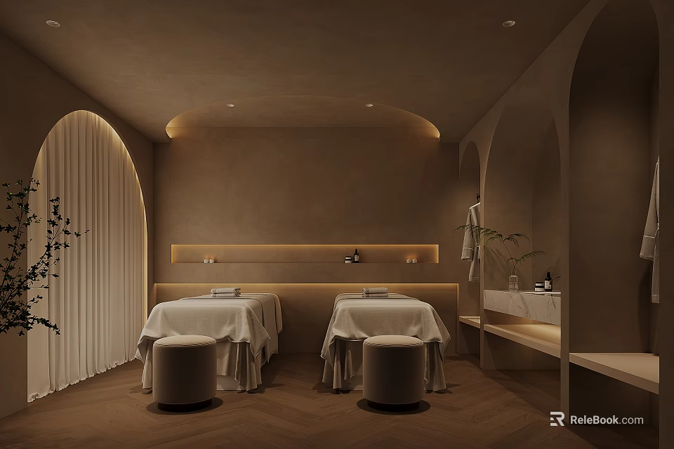 Tranquil SPA Treatment Room With Two Massage Beds And Warm Lighting 3d model 