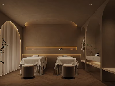 Tranquil SPA Treatment Room With Two Massage Beds And Warm Lighting 3d model