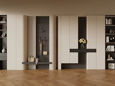 Beige And Black Modern Shoe Cabinet With Open Shelves Storage And Decorative Flowers 3d model