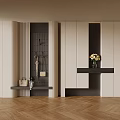 Beige And Black Modern Shoe Cabinet With Open Shelves Storage And Decorative Flowers