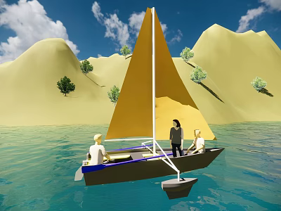Wooden Boat with Yellow Sail and Three People Sailing on Blue Water Near Sandy Dunes Under Blue Sky 3d model