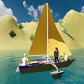 Wooden Boat with Yellow Sail and Three People Sailing on Blue Water Near Sandy Dunes Under Blue Sky