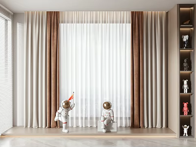 White And Brown Curtains For Window In Room Interior With Astronaut Figurines And Shelf Decorations 3d model