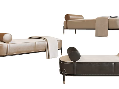 Modern Leather Ottoman With Beige Upholstery Soft Cushion Metal Legs And Blanket 3d model