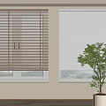Wooden and White Window Blinds in Light Interior Room with Green Plant Decoration