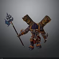 Man in Tribal Warrior Outfit Holding Blue Weapon with Scrolls on Back