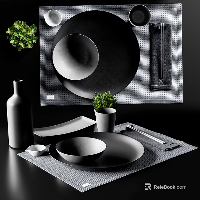 Stylish Black Gray Dinnerware Set Featuring Bowls Plates Cups Placemats And Greenery 3d model 