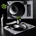 Stylish Black Gray Dinnerware Set Featuring Bowls Plates Cups Placemats And Greenery