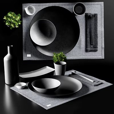 Stylish Black Gray Dinnerware Set Featuring Bowls Plates Cups Placemats And Greenery 3d model