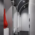 Modern Public Restroom With Blue Stall Doors Black Gender Symbols And White Walls