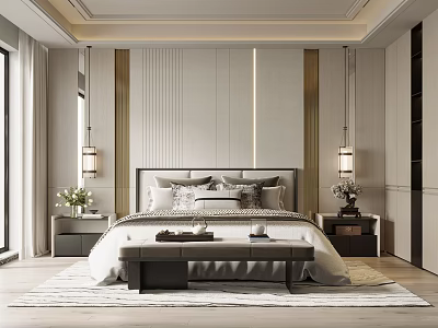 Modern Bedroom Interior Design With Striped Headboard Wall Pendant Lights Nightstands And Bed Bench 3d model