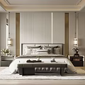 Modern Bedroom Interior Design With Striped Headboard Wall Pendant Lights Nightstands And Bed Bench