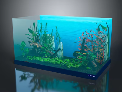 Stunning Aquarium with Vibrant Red Fish Green Aquatic Plants Rocks and Blue Water Background 3d model