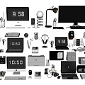 Collection of Office Electronics and Desk Accessories Including Computer Monitor Laptop Clock Headphones and Lamp