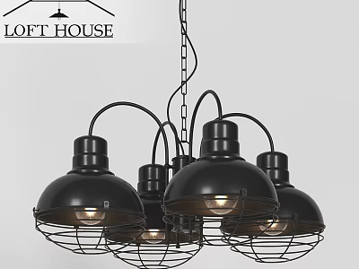 Industrial Black Chandelier with Metal Cage Shades and Multiple Bulbs for Modern Interior 3d model
