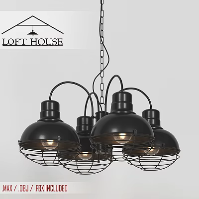 Industrial Black Chandelier with Metal Cage Shades and Multiple Bulbs for Modern Interior 3d model