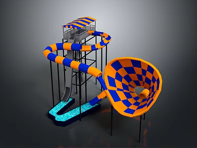 Colorful Blue And Orange Checkered Water Slide Structure With Slide Tracks And Funnel Shape 3d model