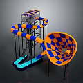 Colorful Blue And Orange Checkered Water Slide Structure With Slide Tracks And Funnel Shape