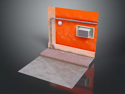 Orange Wall With Exposed Pipes Circular Fixture And Air Vent On Brick Concrete Floor 3d model
