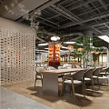 Modern Restaurant Interior With Green Plant Decor Central Orange Pillar Bookshelves And Wooden Tables