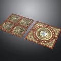 Decorative Square Panels With Red Borders Gold Circular Patterns And White Center Intricate Designs