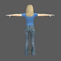 Woman in blue striped T-shirt and blue jeans with arms outstretched against gray background