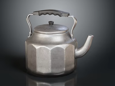 Silver Metal Kettle With Faceted Body Classic Handle And Spout For Daily Use 3d model