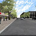 Bustling Commercial Street With Pedestrians Walking Cars Driving Trees And Buildings