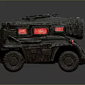 Industrial Sci Fi Mechanical Vehicle With Red Display Screens Metal Pipes And Wheels