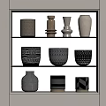 Ceramic Vessels Display On Modern Shelf With Various Textured Patterns 3d model