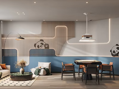 Modern Cozy Hotel Chess And Card Room With Relaxing Lounge Space And Cute Panda Decor 3d model
