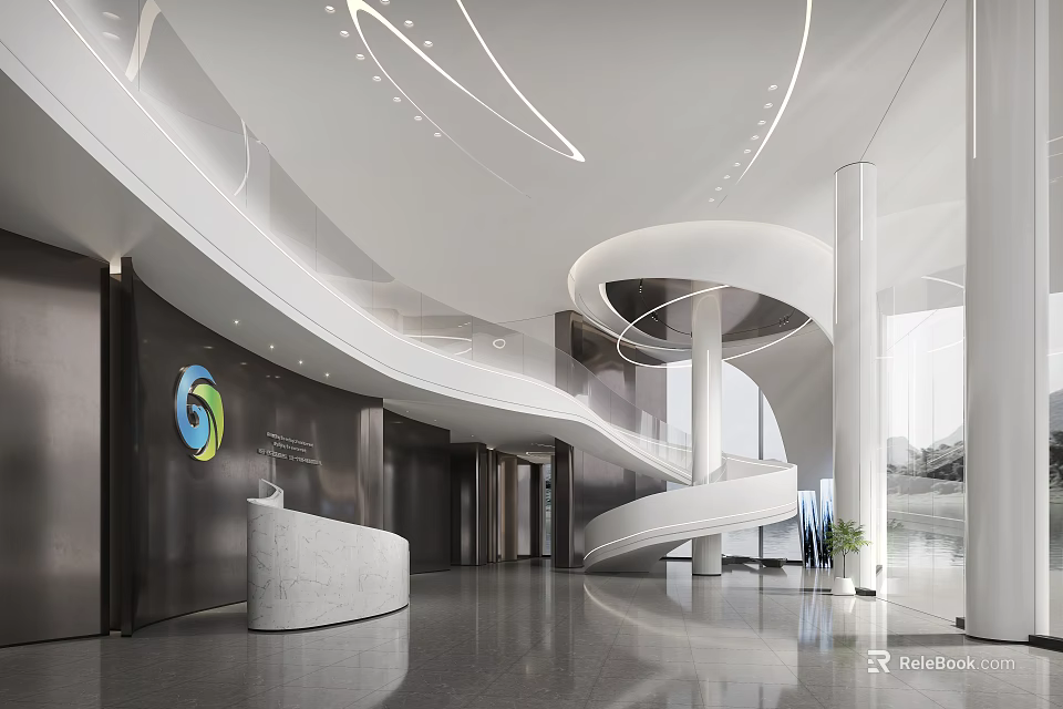 Modern Reception Desk with Spiral Staircase Marble Counter Curved Elements Polished Flooring and Company Logo 3d model 