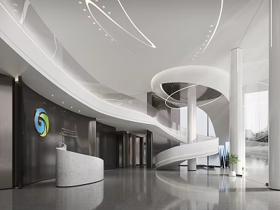 Modern Reception Desk with Spiral Staircase Marble Counter Curved Elements Polished Flooring and Company Logo 3d model