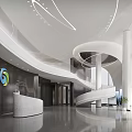 Modern Reception Desk with Spiral Staircase Marble Counter Curved Elements Polished Flooring and Company Logo