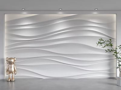 Modern Minimalist Accent Wall With Wavy Texture Gold Bear And Plant 3d model