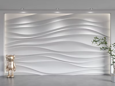 Modern Minimalist Accent Wall With Wavy Texture Gold Bear And Plant 3d model