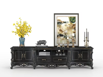 Elegant Ornate Black TV Stand With Carved Details Decorative Vase Framed Art And Candle Holders 3d model