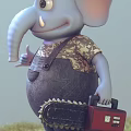Cartoon Blue Elephant Character Wearing Camouflage Shirt And Overalls With Tool Bag