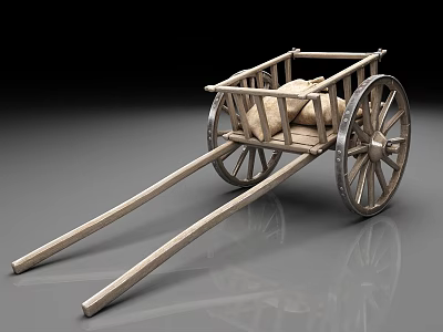 Vintage Wooden Cart With Large Spoked Wheels And Sack Load 3d model