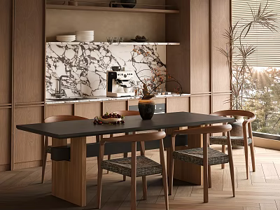 Modern Dining Table Set With Black Countertop Wooden Legs Gray Cushions Marble Backsplash Natural Light 3d model