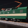 Green Electric Train With White Stripe And Pantograph On Rail Tracks