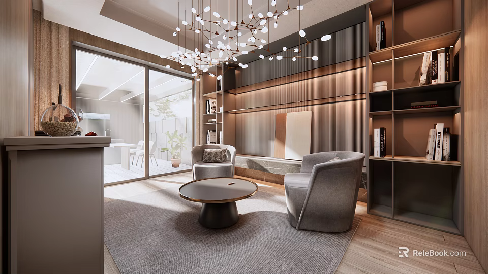 Modern Leisure Room Interior With Armchairs Round Table Chandelier And Bookshelves 3d model 