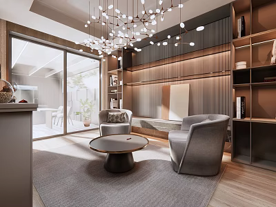Modern Leisure Room Interior With Armchairs Round Table Chandelier And Bookshelves 3d model