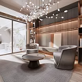 Modern Leisure Room Interior With Armchairs Round Table Chandelier And Bookshelves