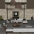 Luxurious Hotel Lobby Interior Featuring Wooden Structures Hanging Lamps And Comfortable Sofas 3d model