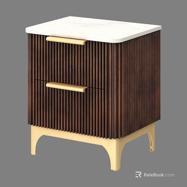 Elegant Modern Nightstand With Wooden Body Gold Handles And White Marble Top 3d model 